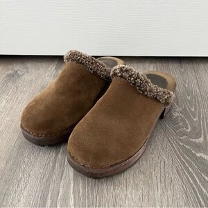 J.Crew Brown Suede Wooden Clogs with Faux Fur Trim EU 39
